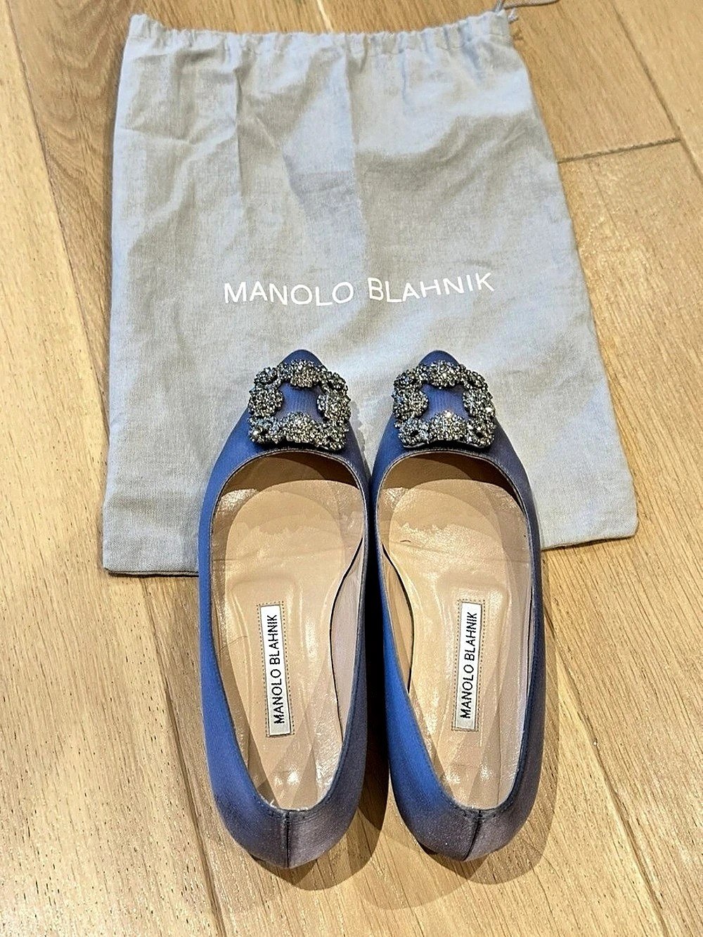 Manolo Blahnik Hangisiflat Blue Satin Crystal-Buckle Flats Heels